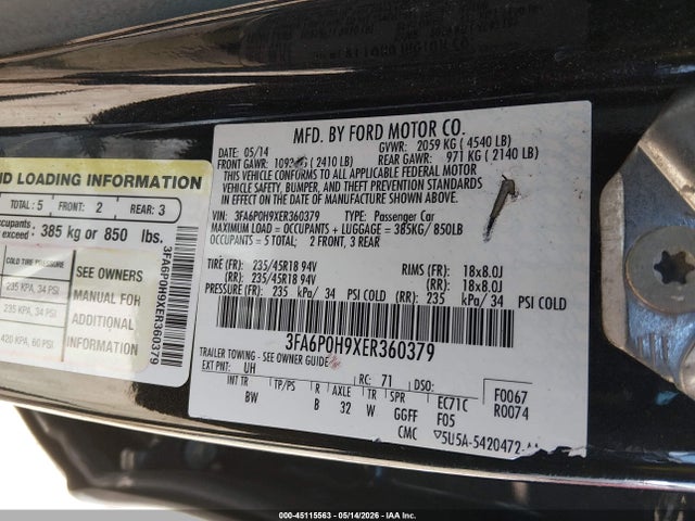 Продаж на аукціоні авто 2014 Ford Fusion Se, vin: 3FA6P0H9XER360379, номер лоту: 45115563