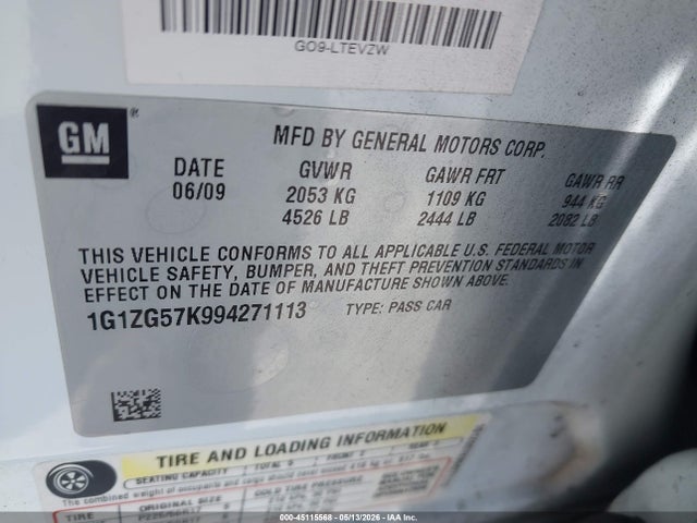 Продаж на аукціоні авто 2009 Chevrolet Malibu Ls, vin: 1G1ZG57K994271113, номер лоту: 45115568