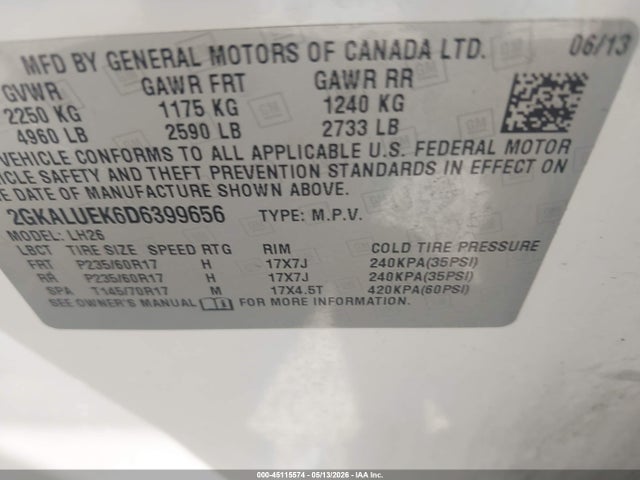 Aukcja sprzedaży 2013 Gmc Terrain Slt-1, vin: 2GKALUEK6D6399656, numer aukcji: 45115574