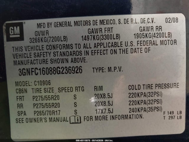 Продажа на аукционе авто 2008 Chevrolet Suburban 1500 Ltz, vin: 3GNFC16088G236926, номер лота: 45115575