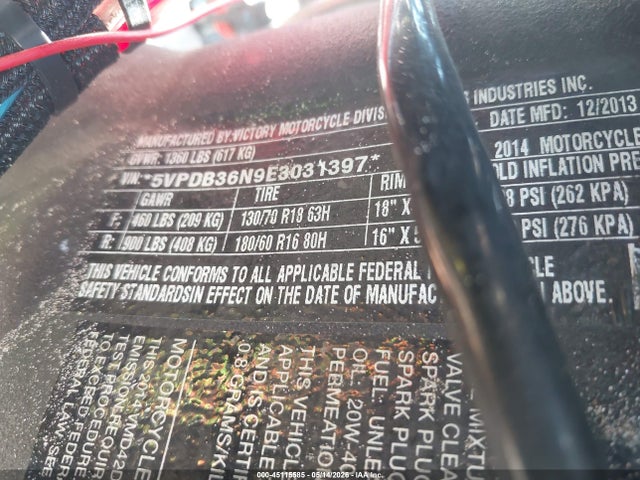 Aukcja sprzedaży 2014 Victory Motorcycles Cross Country, vin: 5VPDB36N9E3031397, numer aukcji: 45115585