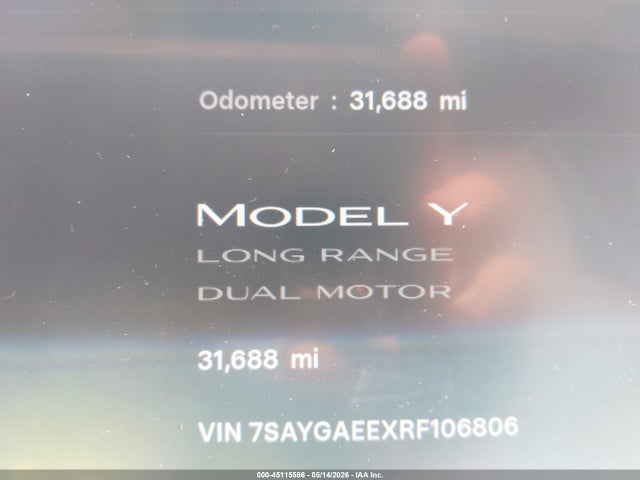 2024 Tesla Model Y Long Range Dual Motor All-wheel Drive მანქანა იყიდება აუქციონზე, vin: 7SAYGAEEXRF106806, აუქციონის ნომერი: 45115586