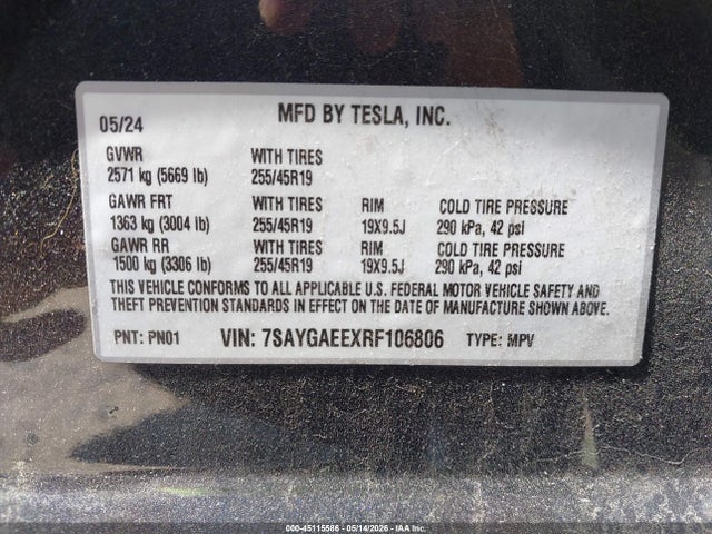 Продаж на аукціоні авто 2024 Tesla Model Y Long Range Dual Motor All-wheel Drive, vin: 7SAYGAEEXRF106806, номер лоту: 45115586