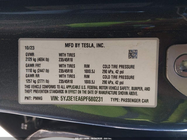 Продажа на аукционе авто 2023 Tesla Model 3 Rear-wheel Drive, vin: 5YJ3E1EA6PF680231, номер лота: 45115596