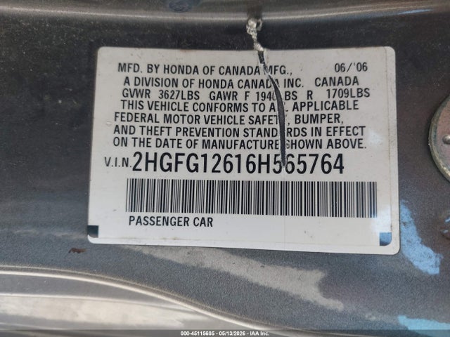 Aukcja sprzedaży 2006 Honda Civic Lx, vin: 2HGFG12616H565764, numer aukcji: 45115605