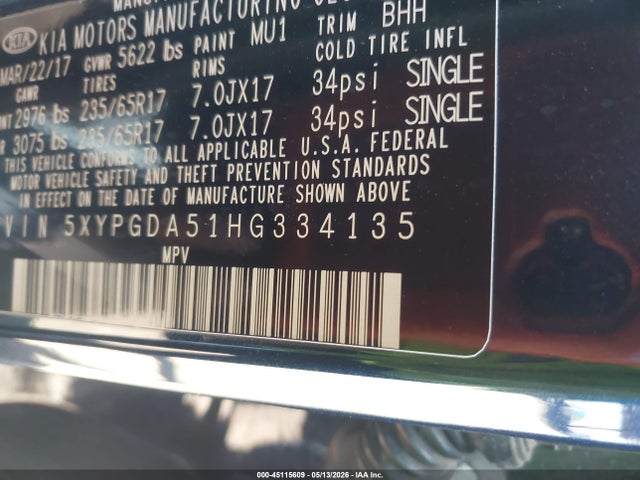 KIA Sorento 3.3l Lx 2017 5XYPGDA51HG334135 Image 9