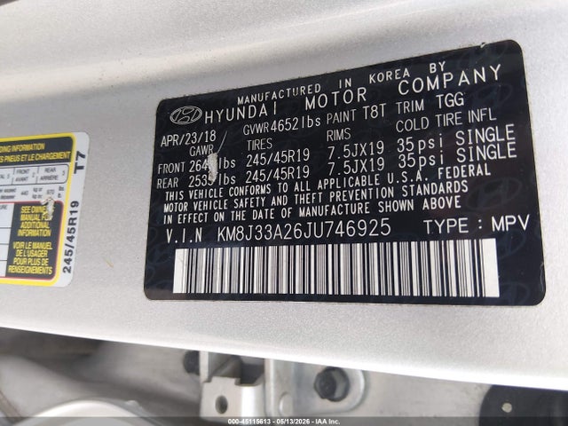 2018 Hyundai Tucson Value მანქანა იყიდება აუქციონზე, vin: KM8J33A26JU746925, აუქციონის ნომერი: 45115613