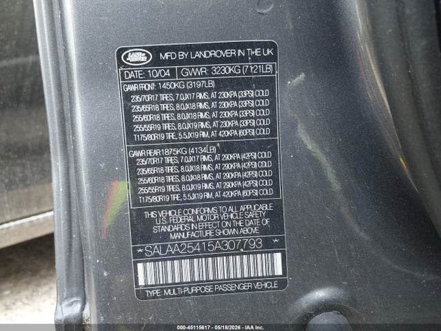 2005 Land Rover Lr3 Se მანქანა იყიდება აუქციონზე, vin: SALAA25415A307793, აუქციონის ნომერი: 45115617
