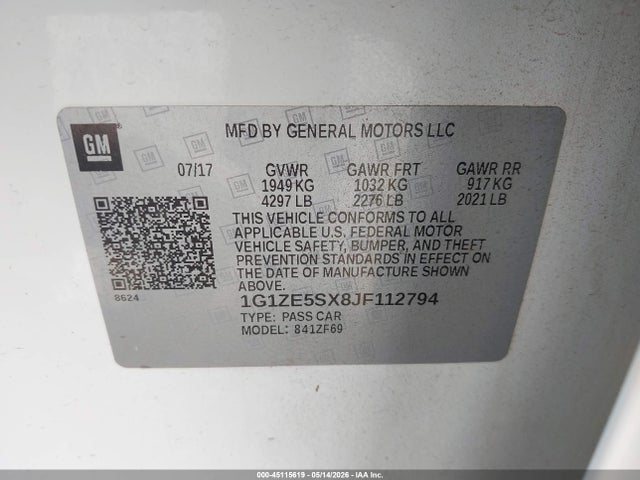 Продажа на аукционе авто 2018 Chevrolet Malibu Premier, vin: 1G1ZE5SX8JF112794, номер лота: 45115619