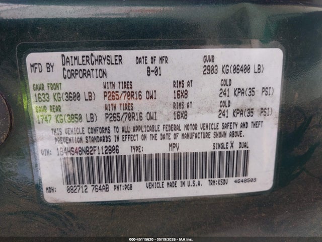 Auction sale of the 2002 Dodge Durango Slt, vin: 1B4HS48N82F112806, lot number: 45115620