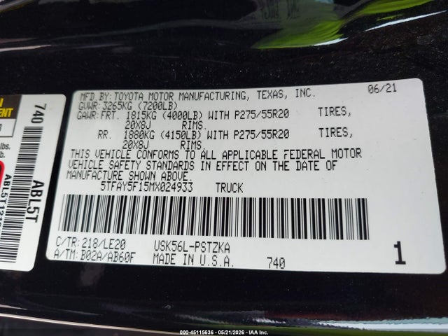 5TFAY5F15MX024933 Toyota Tundra Platinum