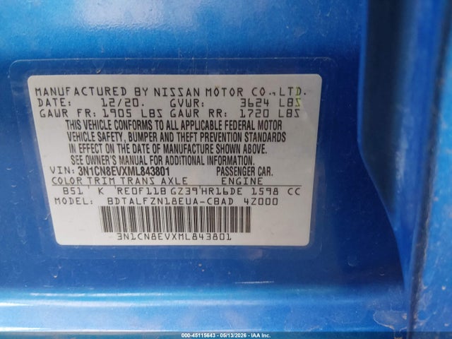 2021 Nissan Versa Sv Xtronic Cvt მანქანა იყიდება აუქციონზე, vin: 3N1CN8EVXML843801, აუქციონის ნომერი: 45115643