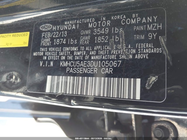 Продаж на аукціоні авто 2013 Hyundai Accent Se, vin: KMHCU5AE3DU105067, номер лоту: 45115644