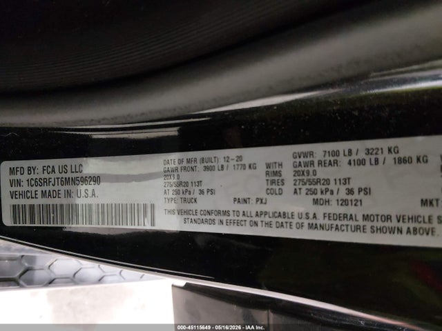 Продажа на аукционе авто 2021 Ram 1500 Laramie  4x4 5'7 Box, vin: 1C6SRFJT6MN596290, номер лота: 45115649