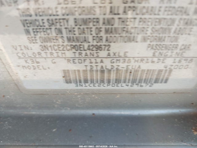 45115663 :رقم المزاد ، 3N1CE2CP0EL429672 vin ، 2014 Nissan Versa Note Sv مزاد بيع