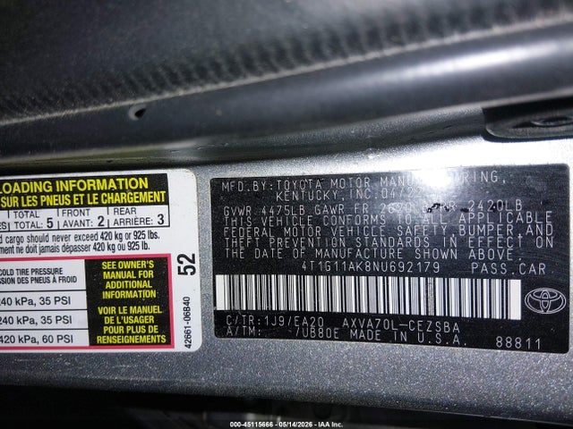 Toyota CAMRY SE 2022 4T1G11AK8NU692179 Image 9