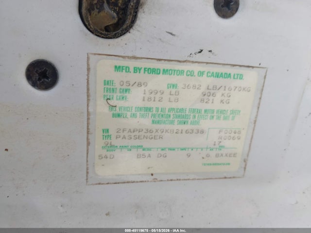 Продаж на аукціоні авто 1989 Ford Tempo Gl, vin: 2FAPP36X9KB216338, номер лоту: 45115675
