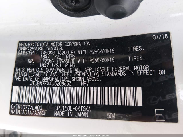 2018 Lexus Gx 460 მანქანა იყიდება აუქციონზე, vin: JTJBM7FX4J5208653, აუქციონის ნომერი: 45115680