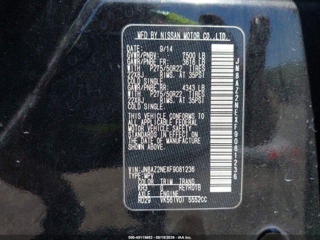 Aukcja sprzedaży 2015 Infiniti Qx80 Limited, vin: JN8AZ2NEXF9081236, numer aukcji: 45115682