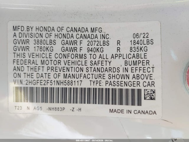 2HGFE2F51NH588117 Honda Civic Sport