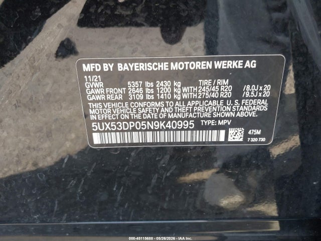 Aukcja sprzedaży 2022 Bmw X3 Xdrive30i, vin: 5UX53DP05N9K40995, numer aukcji: 45115688