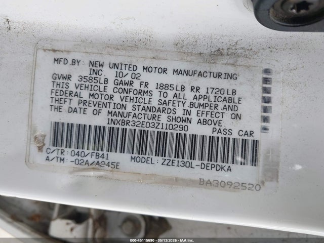 45115690 :رقم المزاد ، 1NXBR32E03Z110290 vin ، 2003 Toyota Corolla Ce مزاد بيع