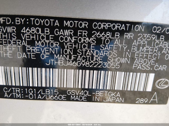 Продажа на аукционе авто 2008 Lexus Es 350, vin: JTHBJ46G982223055, номер лота: 45115693