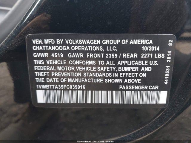 2015 Volkswagen Passat 1.8t Se მანქანა იყიდება აუქციონზე, vin: 1VWBT7A35FC039916, აუქციონის ნომერი: 45115697
