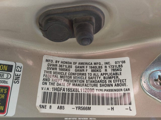 Aukcja sprzedaży 2008 Honda Civic Lx, vin: 1HGFA165X8L112090, numer aukcji: 45115702