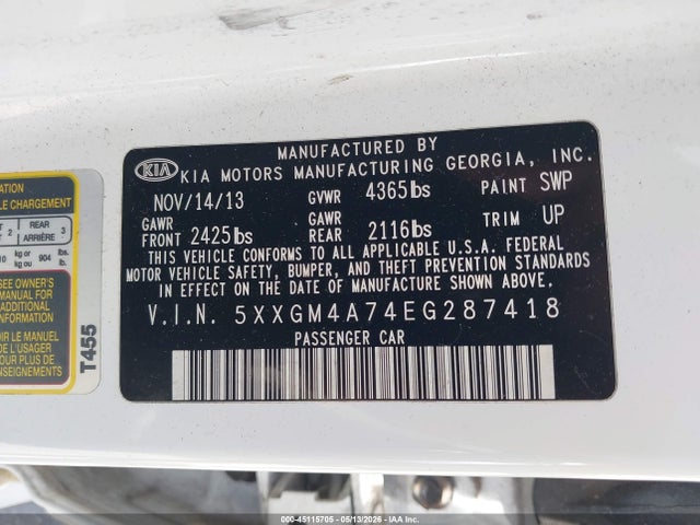 Aukcja sprzedaży 2014 Kia Optima Lx, vin: 5XXGM4A74EG287418, numer aukcji: 45115705
