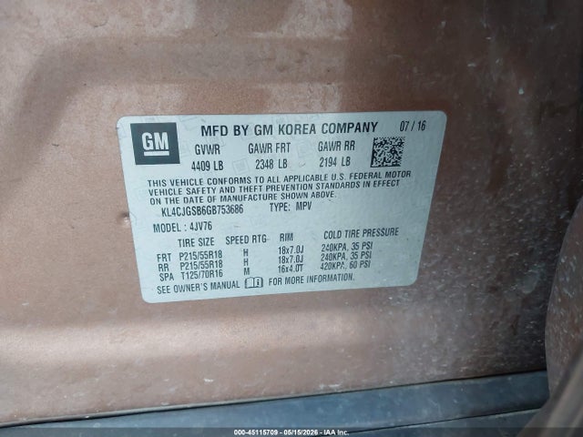 2016 Buick Encore Leather მანქანა იყიდება აუქციონზე, vin: KL4CJGSB6GB753686, აუქციონის ნომერი: 45115709