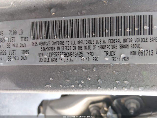 45115713 :رقم المزاد ، 1C6SRFFT9KN649425 vin ، 2019 Ram 1500 Big Horn/lone Star  4x4 5'7 Box مزاد بيع