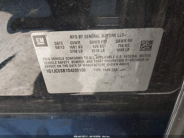Aukcja sprzedaży 2013 Chevrolet Sonic Lt Auto, vin: 1G1JC6SB1D4206108, numer aukcji: 45115717