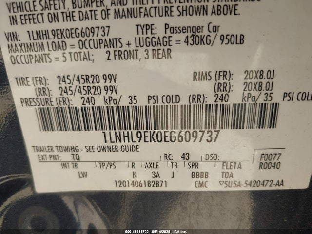 Продажа на аукционе авто 2014 Lincoln Mks, vin: 1LNHL9EK0EG609737, номер лота: 45115722