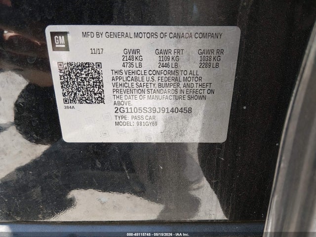 Продажа на аукционе авто 2018 Chevrolet Impala 1lt, vin: 2G1105S39J9140458, номер лота: 45115745