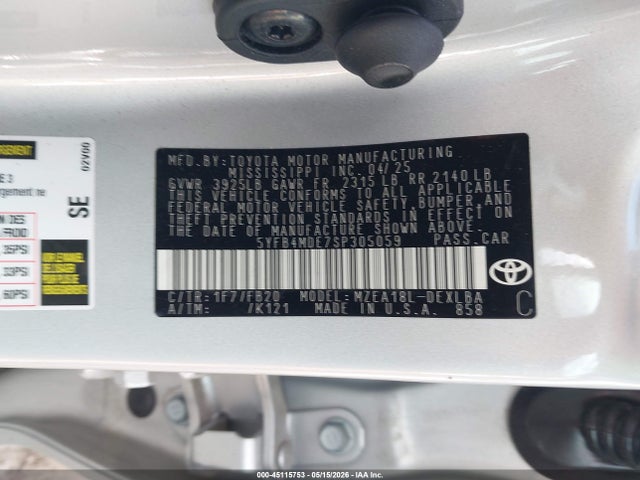 2025 Toyota Corolla Le მანქანა იყიდება აუქციონზე, vin: 5YFB4MDE7SP305059, აუქციონის ნომერი: 45115753