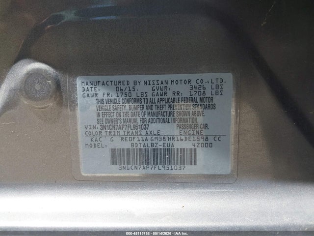 Продаж на аукціоні авто 2015 Nissan Versa 1.6 Sv, vin: 3N1CN7AP7FL951037, номер лоту: 45115758