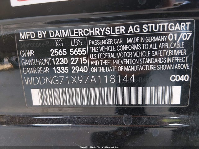 Aukcja sprzedaży 2007 Mercedes-benz S 550, vin: WDDNG71X97A118144, numer aukcji: 45115760
