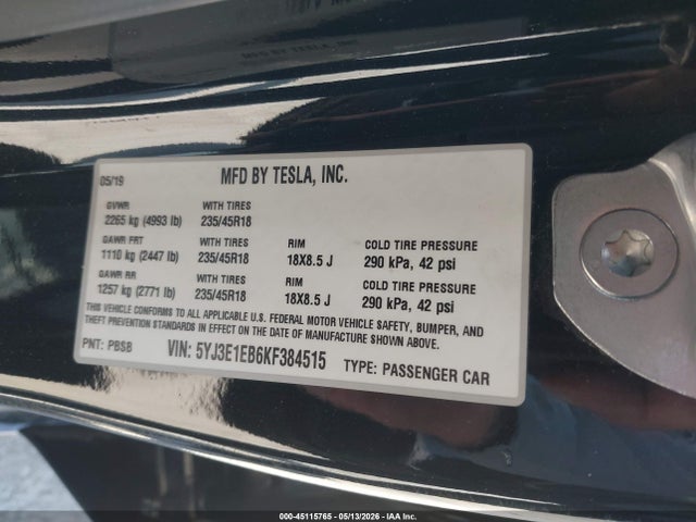 Tesla Model 3 Long Range/performance 2019 5YJ3E1EB6KF384515 Image 9