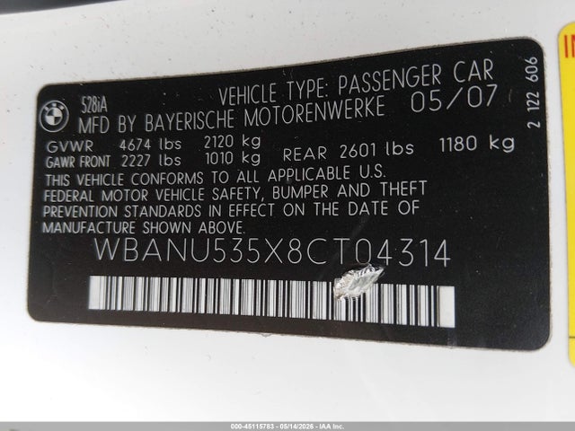 Продажа на аукционе авто 2008 Bmw 528i, vin: WBANU535X8CT04314, номер лота: 45115783