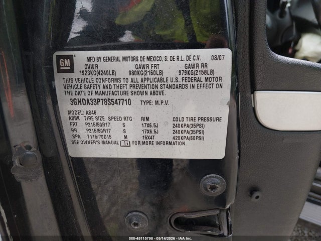 2008 Chevrolet Hhr Lt მანქანა იყიდება აუქციონზე, vin: 3GNDA33P78S547710, აუქციონის ნომერი: 45115798
