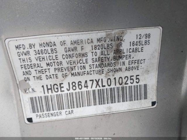 Продажа на аукционе авто 1999 Honda Civic Ex, vin: 1HGEJ8647XL010255, номер лота: 45115800