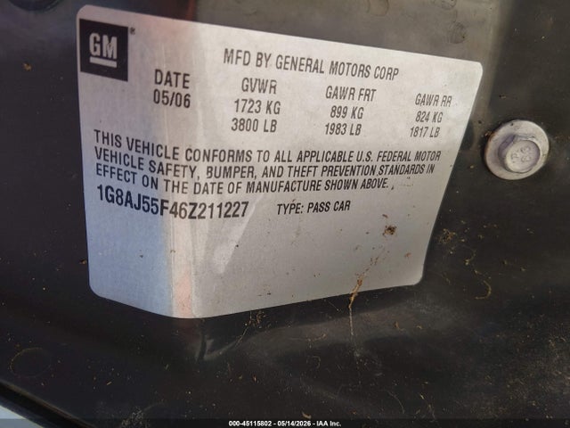 2006 Saturn Ion Level 2 მანქანა იყიდება აუქციონზე, vin: 1G8AJ55F46Z211227, აუქციონის ნომერი: 45115802