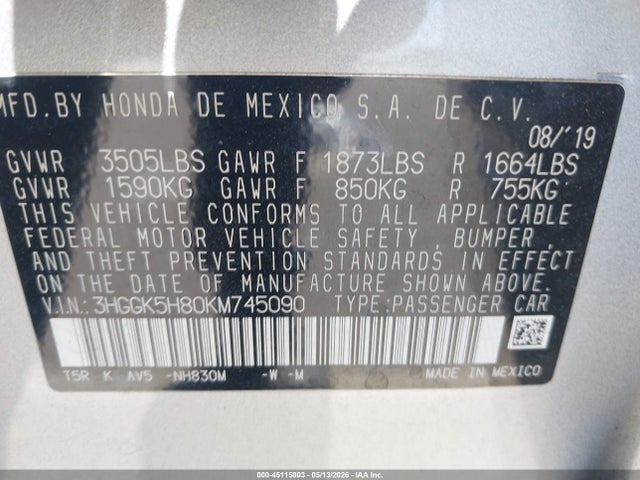 Продаж на аукціоні авто 2019 Honda Fit Ex, vin: 3HGGK5H80KM745090, номер лоту: 45115803