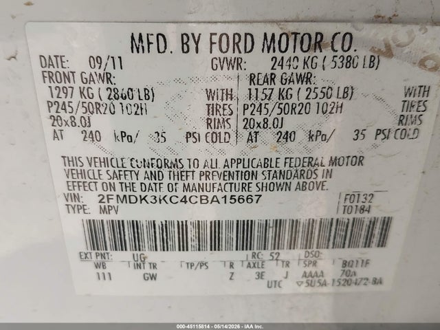 Aukcja sprzedaży 2012 Ford Edge Limited, vin: 2FMDK3KC4CBA15667, numer aukcji: 45115814