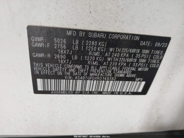 45115837 :رقم المزاد ، 4S4BTGPDXR3168382 vin ، 2024 Subaru Outback Touring Xt مزاد بيع