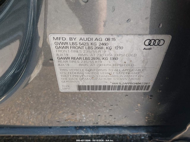 Aukcja sprzedaży 2016 Audi Q5 2.0t Premium, vin: WA1L2AFP5GA042261, numer aukcji: 45115846