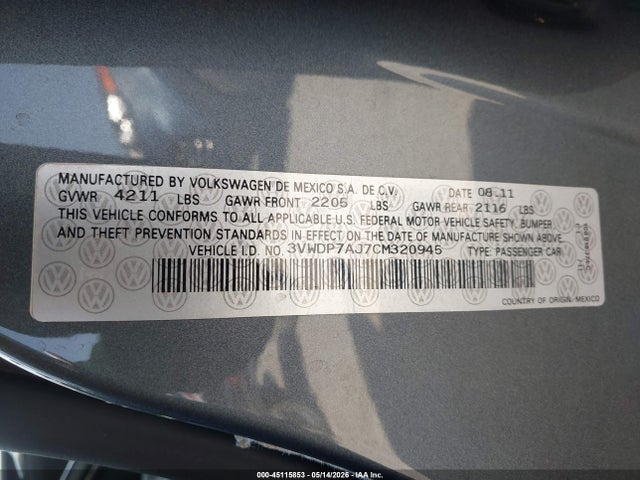 Продажа на аукционе авто 2012 Volkswagen Jetta 2.5l Se, vin: 3VWDP7AJ7CM320945, номер лота: 45115853