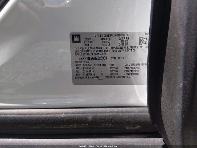 45115862 :رقم المزاد ، 1GKKNMLS6HZ226988 vin ، 2017 Gmc Acadia Slt-1 مزاد بيع