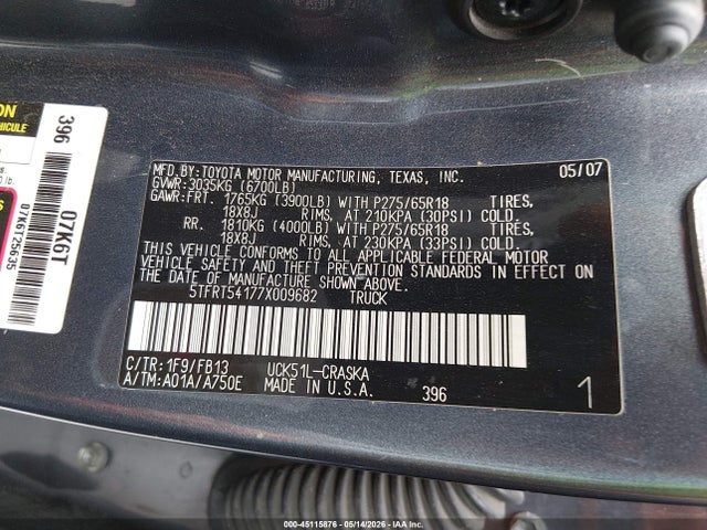 Продаж на аукціоні авто 2007 Toyota Tundra Sr5 4.7l V8, vin: 5TFRT54177X009682, номер лоту: 45115876